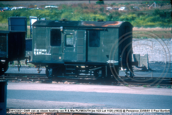 DW123821 GWR van as steam heating van R & Mw PLYMOUTH [ex V23 Lot 1125 c1933] @ Penzance 81-08-23 © Paul Bartlett [2w]