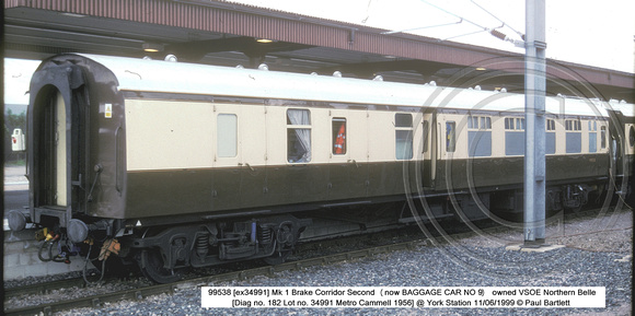 99538 [ex34991] Mk 1 Brake Corridor Second (now BAGGAGE CAR NO 9) @ York Station 1999-06-11 � Paul Bartlett [1w]