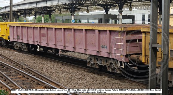 503571 MLA 65.9t EWS Red Snapper bogie ballast wagon Tare 24-100kg  [Des code ML003A Greenbrier Europe Poland 2008] @ York Station [2w]