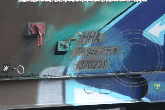 370231 HHA 73.6t Freightliner hopper TF25 Tare 27.860 [Wagony Swidnica, Greenbrier Europe 2001] @ York Holgate Sidings 2022-11-06 © Paul Bartlett [2w]