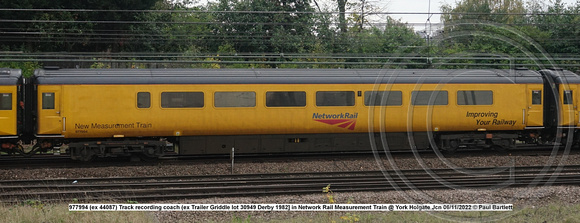 977994 (ex 44087) Track recording coach (ex Trailer Griddle lot 30949 Derby 1982] in Network Rail Measurement Train @ York Holgate Jcn 2022-11-06 © Paul Bartlett w