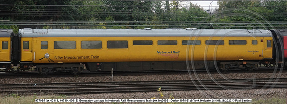 977995 (ex 40319, 40719, 40619) Generator carriage in Network Rail Measurement Train [ex lot30921 Derby 1978-9] @ York Holgate Jcn 2022-11-06 © Paul Bartlett