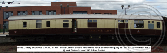 99545 [35466] BAGGAGE CAR NO 11 Mk 1 Brake Corridor Second [Diag 181 Lot 30721 Wolverton 1963] @ York Station 3 June 2015 © Paul Bartlett [1]