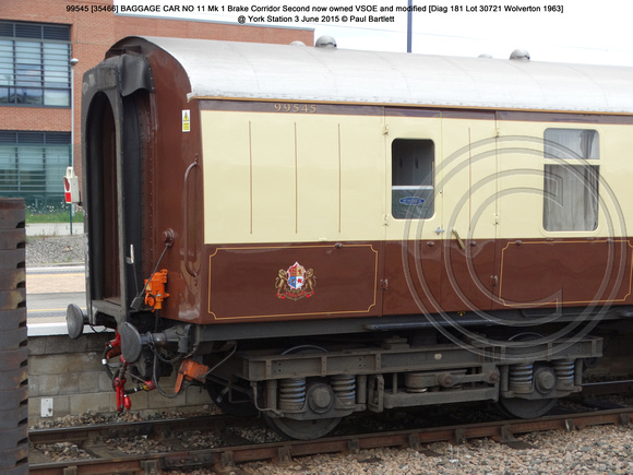99545 [35466] BAGGAGE CAR NO 11 Mk 1 Brake Corridor Second [Diag 181 Lot 30721 Wolverton 1963] @ York Station 3 June 2015 © Paul Bartlett [3]