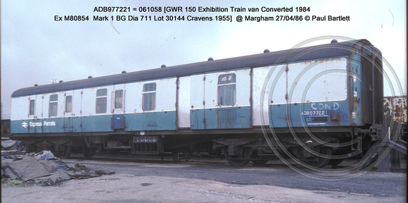 ADB977221 = 061058 GWR 150 Exhibition Train van @ Margham 86-04-27 � Paul Bartlett w
