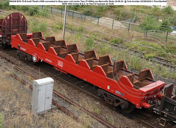 966248 BYA 75.0t built Thrall c1998 converted to Steg open coil carrier Tare 27-000kg we Marcrofts Stoke 24.06.24 @ York Avoider 2024-08-22 © Paul Bartlett w