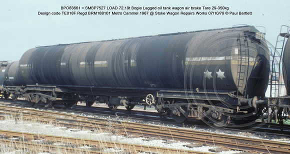 BPO83661 = SMBP7527 Class B Bogie Lagged oil tank wagon AB Design code TE018F @ Stoke Wagon Repairs 79-10-07 � Paul Bartlett w