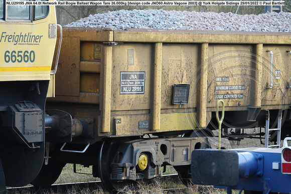 NLU29195 64.0t Network Rail Bogie Ballast Wagon Tare 26.000kg [design code JNO60 Astro Vagone 2003] @ York Holgate Sidings 2022-01-29 © Paul Bartlett [7w]
