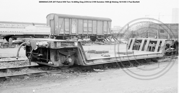 DB900045 ZVR 20T Flatrol WW Tare 14-400kg Diag 2-516 lot 3199 Swindon 1959 @ Woking 85-11-16 © Paul Bartlett [00W]