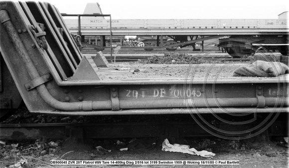 DB900045 ZVR 20T Flatrol WW Tare 14-400kg Diag 2-516 lot 3199 Swindon 1959 @ Woking 85-11-16 © Paul Bartlett [04W]