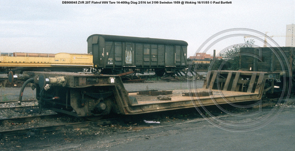 DB900045 ZVR 20T Flatrol WW Tare 14-400kg Diag 2-516 lot 3199 Swindon 1959 @ Woking 85-11-16 © Paul Bartlett [02W]