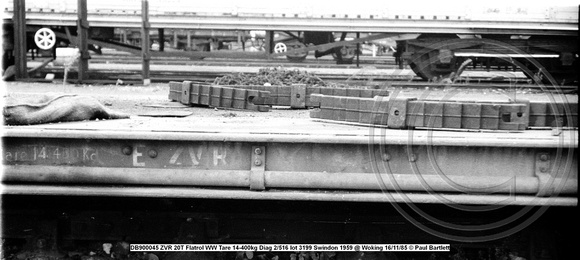 DB900045 ZVR 20T Flatrol WW Tare 14-400kg Diag 2-516 lot 3199 Swindon 1959 @ Woking 85-11-16 © Paul Bartlett [05W]