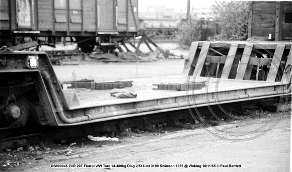 DB900045 ZVR 20T Flatrol WW Tare 14-400kg Diag 2-516 lot 3199 Swindon 1959 @ Woking 85-11-16 © Paul Bartlett [10W]