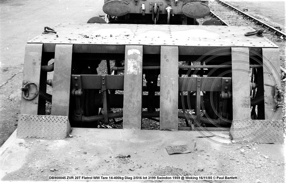 DB900045 ZVR 20T Flatrol WW Tare 14-400kg Diag 2-516 lot 3199 Swindon 1959 @ Woking 85-11-16 © Paul Bartlett [14W]