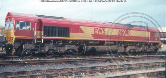 66098 EWS [classification JT42 CWR built GM EMD no. 968702-98 Built 03-1999] @ Tees Yard 99-10-10 © Paul Bartlett [1w]