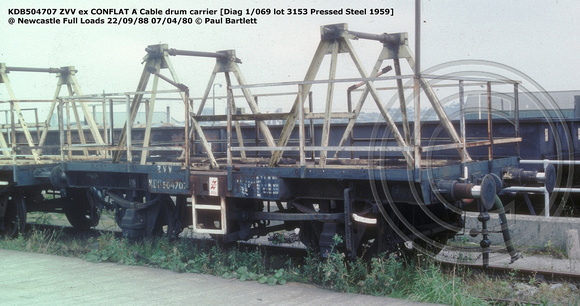 KDB504707 ZVV ex Conflat A cable drum carrier @ Newcastle Full Loads 88-09-22 © Paul Bartlett W