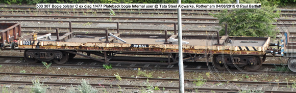 503 30T Bogie bolster C ex diag 1-477 Plateback bogie Internal user @ Tata Steel Aldwarke, Rotherham 2015-08-04 © Paul Bartlett [2w]
