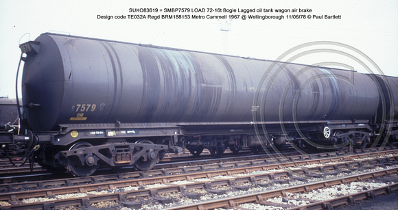 SUKO83619 = SMBP7579 Bogie Lagged oil tank wagon AB Design code TE032A @ Wellingborough 78-06-11 � Paul Bartlett w