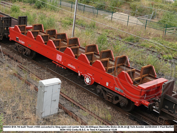 966053 BYA 75t built Thrall c1998 converted to Steg open coil carrier Tare 26-600kgwe Marcrofts Stoke 24.06.24 @ York Avoider 2024-08-22 © Paul Bartlett w