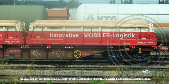 31 81 4932 372-3 Sggmrrss-y Mobiler aggregate containers Rail Cargo Group + MOBB 067848-8 @ Narbonne 2022-08-21 © Paul Bartlett w