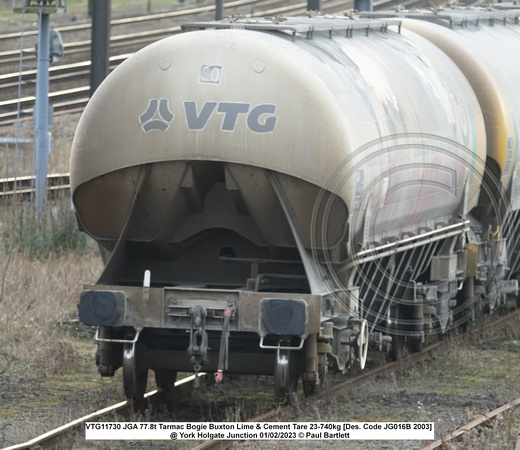 VTG11730 JGA 77t Tarmac Bogie Buxton Lime & Cement Tare 23-740kg [Des. Code JG016B 2003] @ York Holgate Junction 2023-02-01 © Paul Bartlett [4w]