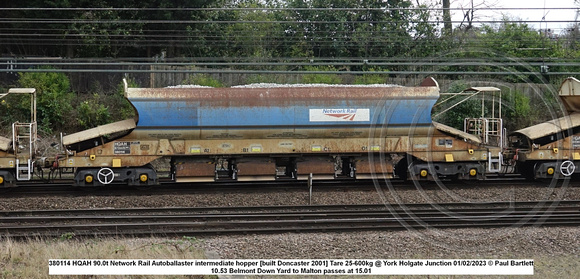 380114 HQAH 90.0t Network Rail Autoballaster intermediate hopper [built Doncaster 2001] Tare 25-600kg @ York Holgate Junction 2023-02-01 © Paul Bartlett w