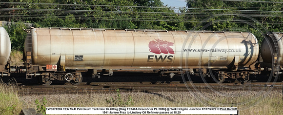 EWS870206 TEA 75.4t Petroleum Tank tare 26.200kg [Diag TE046A Greenbrier PL 2006] @ York Holgate Junction 2022-07-07 © Paul Bartlett