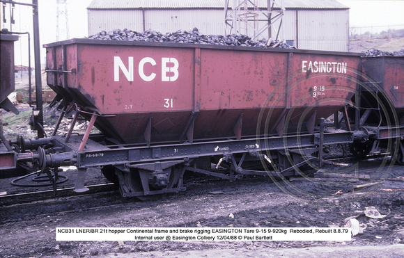 NCB31 LNER-BR 21t hopper Continental frame @ Easington Colliery 88-04-12 � Paul Bartlett w
