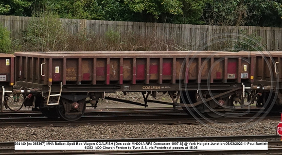 394140 [ex 365367] MHA Ballast-Spoil Box Wagon COALFISH [Des code MH001A RFS Doncaster 1997-8] @ York Holgate Junction 2023-03-05 © Paul Bartlett w
