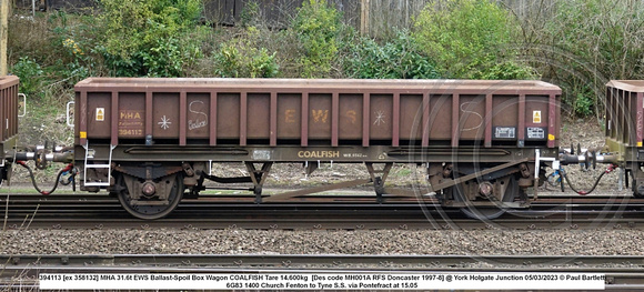394113 [ex 358132] MHA 31.6t EWS Ballast-Spoil Box Wagon COALFISH Tare 14.600kg  [Des code MH001A RFS Doncaster 1997-8] @ York Holgate Junction 2023-03-05 © Paul Bartlett w