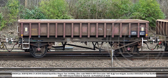 394049 [ex 365819] MHA 31.4t EWS Ballast-Spoil Box Wagon Tare 14.600kg  [Des code MH001A RFS Doncaster 1997-8] @ York Holgate Junction 2023-03-05 © Paul Bartlett w