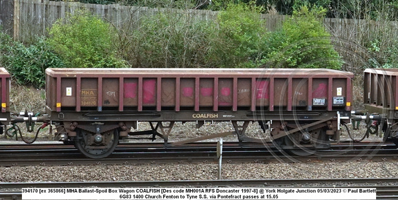 394170 [ex 365866] MHA Ballast-Spoil Box Wagon COALFISH [Des code MH001A RFS Doncaster 1997-8] @ York Holgate Junction 2023-03-05 © Paul Bartlett [1w]