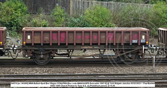 394170 [ex 365866] MHA Ballast-Spoil Box Wagon COALFISH [Des code MH001A RFS Doncaster 1997-8] @ York Holgate Junction 2023-03-05 © Paul Bartlett [2w]