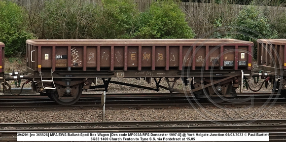 394201 [ex 365528] MPA EWS Ballast-Spoil Box Wagon [Des code MP002A RFS Doncaster 1997-8] @ York Holgate Junction 2023-03-05 © Paul Bartlett W