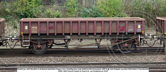 394265 [ex 365739] MHA 31.4t Ballast-Spoil Box Wagon Tare 14.600kg Des code MH001A RFS Doncaster 1997-8 @ York Holgate Junction 2023-03-05 © Paul Bartlett w