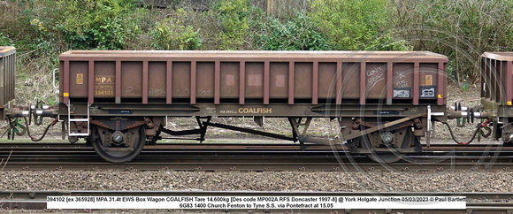 394102 [ex 365928] MPA 31.4t EWS Box Wagon COALFISH Tare 14.600kg [Des code MP002A RFS Doncaster 1997-8] @ York Holgate Junction 2023-03-05 © Paul Bartlett w