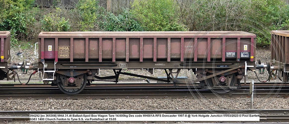 394292 [ex 365308] MHA 31.4t Ballast-Spoil Box Wagon Tare 14.600kg Des code MH001A RFS Doncaster 1997-8 @ York Holgate Junction 2023-03-05 © Paul Bartlett w
