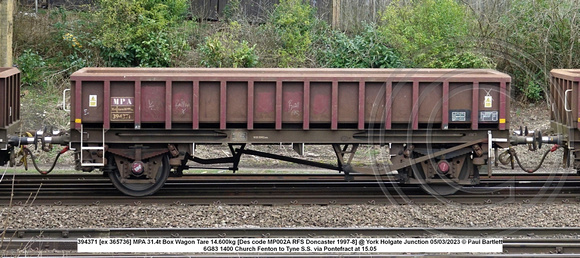 394371 [ex 365736] MPA 31.4t Box Wagon Tare 14.600kg [Des code MP002A RFS Doncaster 1997-8] @ York Holgate Junction 2023-03-05 © Paul Bartlett w