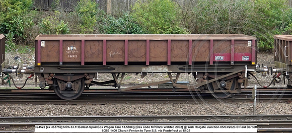 394522 [ex 365759] MPA 33.1t Ballast-Spoil Box Wagon Tare 13.560kg [Des code MP002C Wabtec 2002] @ York Holgate Junction 2023-03-05 © Paul Bartlett w