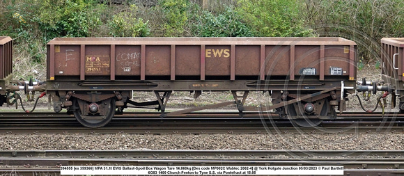 394555 [ex 359366] MPA 31.1t EWS Ballast-Spoil Box Wagon Tare 13.860kg [Des code MP002C Wabtec 2002-4] @ York Holgate Junction 2023-03-05 © Paul Bartlett w