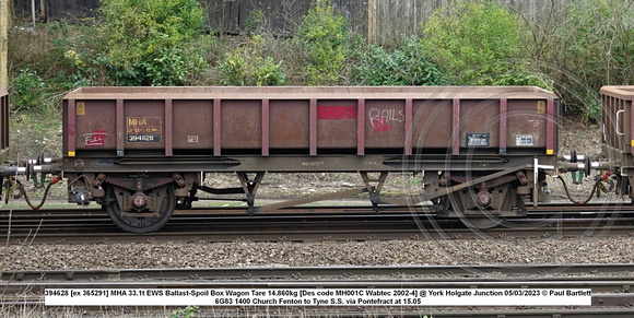 394628 [ex 365291] MHA 33.1t EWS Ballast-Spoil Box Wagon Tare 13.860kg [Des code MH001C Wabtec 2002-4] @ York Holgate Junction 2023-03-05 © Paul Bartlett W
