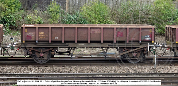 394710 [ex 359262] MHA 33.1t Ballast-Spoil Box Wagon Tare 13.860kg [Des code MH001C Wabtec 2002-4] @ York Holgate Junction 2023-03-05 © Paul Bartlett w