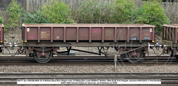 394777 [ex 359328] MHA 33.1t Ballast-Spoil Box Wagon Tare 13.860kg [Des code MH001C Wabtec 2002-4] @ York Holgate Junction 2023-03-05 © Paul Bartlett w