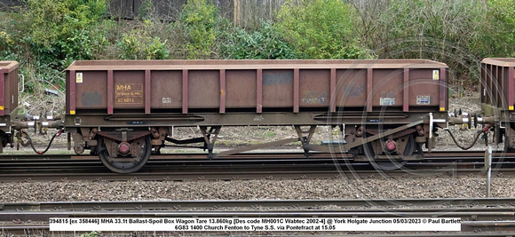 394815 [ex 358446] MHA 33.1t Ballast-Spoil Box Wagon Tare 13.860kg [Des code MH001C Wabtec 2002-4] @ York Holgate Junction 2023-03-05 © Paul Bartlett w