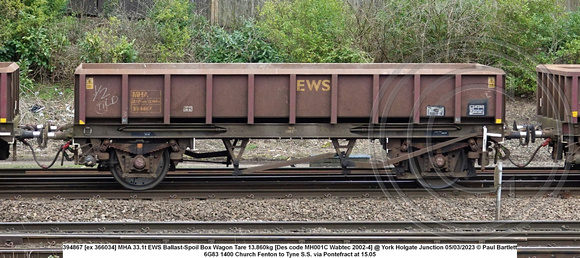 394867 [ex 366034] MHA 33.1t EWS Ballast-Spoil Box Wagon Tare 13.860kg [Des code MH001C Wabtec 2002-4] @ York Holgate Junction 2023-03-05 © Paul Bartlett