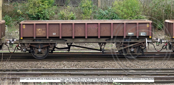 394977 [ex 365077] MPA 33.1t Ballast-Spoil Box Wagon Tare 13.860kg [Des code MP002C Wabtec 2002-4] @ York Holgate Junction 2023-03-05 © Paul Bartlett w
