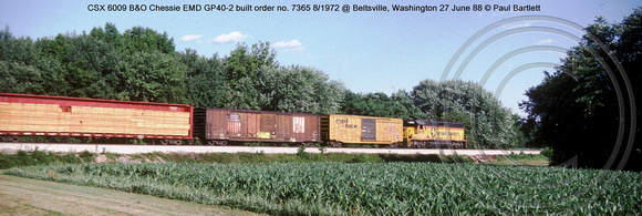 CSX 6009 B&O Chessie EMD GP40-2 & wagons @ Beltsville, Washington 27 June 88 � Paul Bartlett w