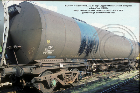 BPO83586 = SMBP7503 TEA Bogie Lagged Oil tank wagon AB Design code TE018F @ Peterborough 89-06-24 � Paul Bartlett w