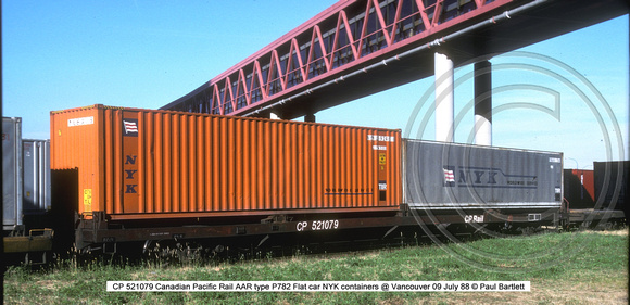 CP 521079 CP Rail flat car NYK containers @ Vancouver 09 July 88 � Paul Bartlett w