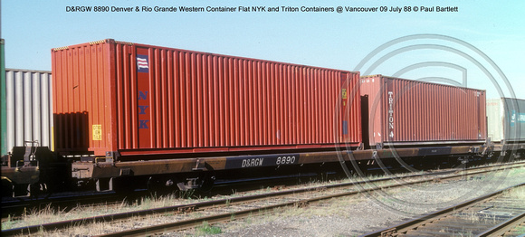 D&RGW 8890 Container Flat NYK Triton Containers @ Vancouver 09 July 88 � Paul Bartlett w